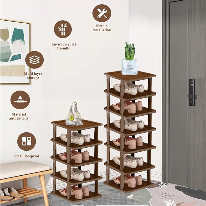 Bamboo Vertical Shoe Rack for Entryway,Narrow Shoe Rack Stackable,Minimalist Shoe Storage,5 Tier Brown Standing Shoe Organizer for Garage Corner Bedroom Hallway(Brown,5-Tier)