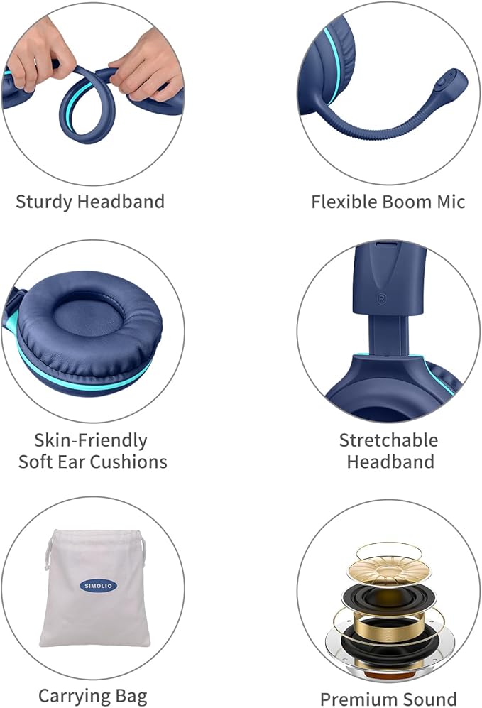 SIMOLIO Wired Headphones for School with Microphone, Stereo Kids Headphone with Flexible Swivel Boom Mic for Student K12 & Teacher & E-Learning, 3 Levels Volume Limiter Gaming Headsets for Boys, Girls