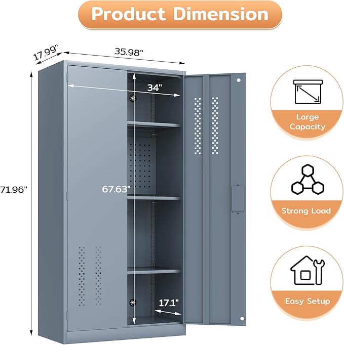 72" H Metal Storage Cabinet, Garage Storage Cabinet with 2 Doors and 4 Adjustable Shelves, Tall Lockable Cabinet for Kitchen, Office, Home or Garage（Grey）