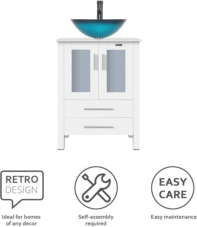 eclife 24" Modern Bathroom Vanity Sink Combo Freestanding Cabinet with Soft Closing Door, Turquoise Square Glass Vessel Sink, Water Save Faucet, Drain (White+A10)