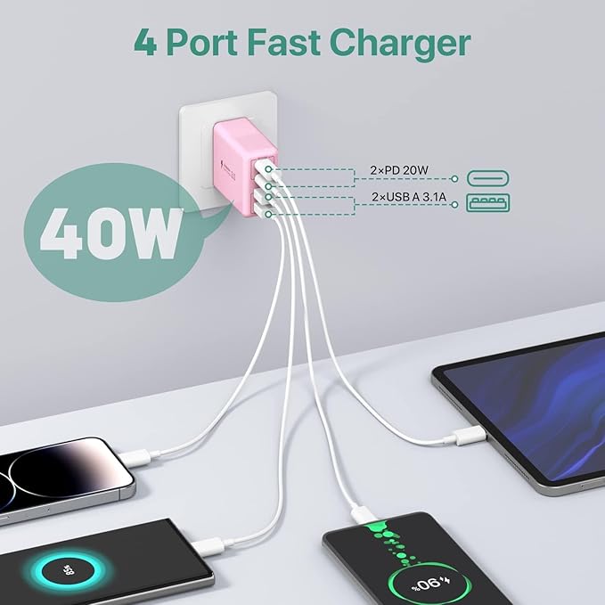 sccvee USB C Wall Charger, 40W 4-Port USB C Charger Block, Fast Charging Block Dual Port PD+QC Wall Plug Multiport Type C Compatible with iPhone 14/13/12/11/Pro Max/XS/XR/8/7, Tablet(Pink)