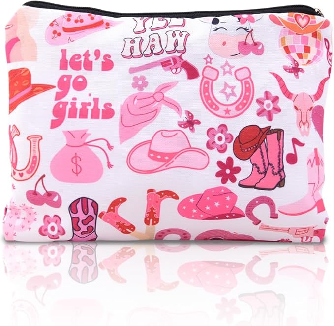 Lets Go Girls cosmetic Bag for Teens Cowgirls Country Girl Birthday Christmas Gifts for Women Girls Friend Bestie Sister Pink Western Makeup Bag Organizer Travel Pouch for Makeup Chargers