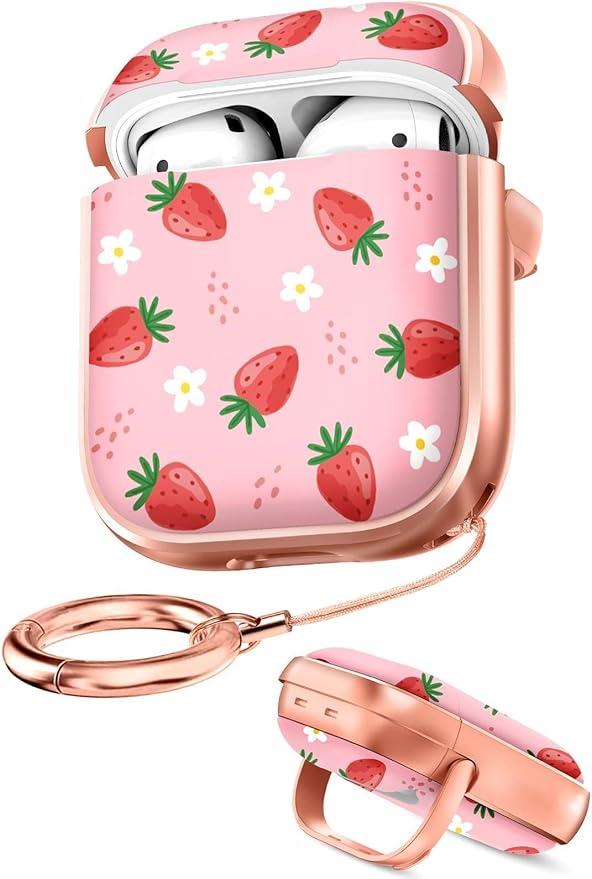 Coralogo for AirPods 2/1 Case with Safety Lock - Cute Cartoon for AirPods 1st/2nd Generation for Women Girls Fashion Stylish Strawberry Pattern Design Kawaii Girly Girlish Hard Protective Cover