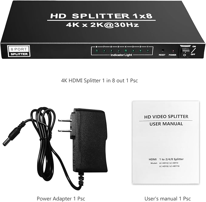 4K 1x8 HDMI Splitter 1 in 8 Out-8 Port Powered hdmi Splitters Multi Monitor Outputs Support 4Kx2K@30Hz 3D for Project/Office/Projector/HDTV/PS4