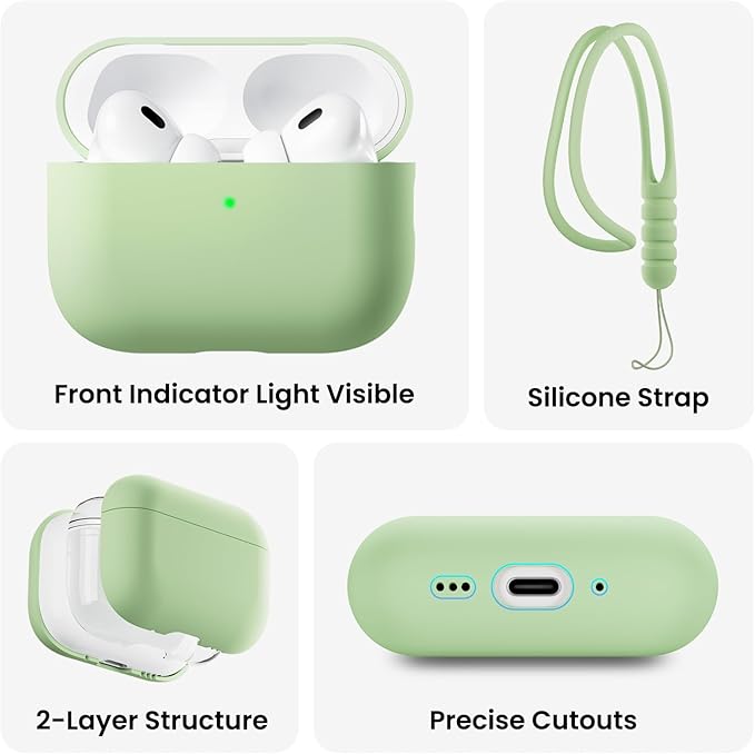 ORNARTO Compatible with AirPods Pro 3 Case 2025, Full Protective Hybrid Silicone for AirPods Pro 3rd Generation Case, Front LED Visible Skin Cover-Matcha