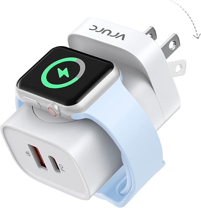 VRURC Fast Charger for Apple Watch, Built-in Wireless Magnetic Charging Station for iWatch SE/11/10/9/8/7/6/5/4, PD 20W USB C Charging Block, Foldable Wall Charger for iPhone 17/16/15/14/13-White - Image 8