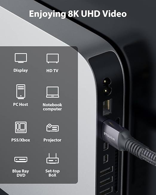 Stouchi 8K HDMI Cable for Soundbar 5FT, Ultra High Speed 48Gbps HDMI 2.1a Cord with eARC and ARC, 4K@120Hz 8K@60Hz, Compatible with PS5, Apple TV 4K, Roku, Dolby Atmos, and DTS:X