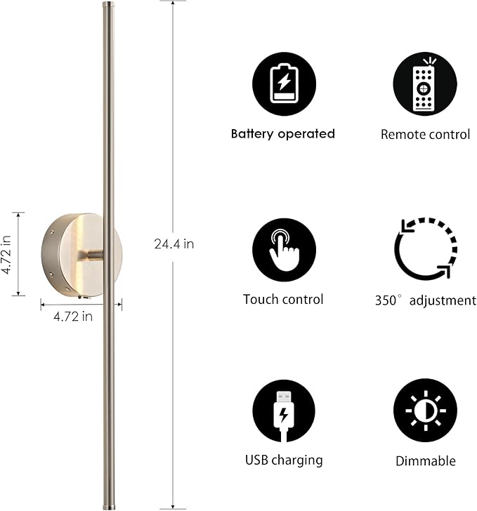Battery Operated Wall Sconces with Remote Control, Dimmable Wall Sconces Set of Two, 350°Rotate, 3000K LED Nickel Wireless Wall Light for Living Room, Bedroom, Hallway, 24.4 Inch (2 Pack)