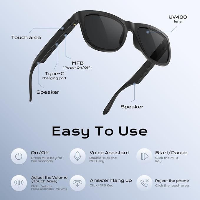 Bluetooth Glasses for Women & Men, Smart Audio Sunglasses for Men with Built-in Speakers, UV400 Protection, Wireless Music & Calls, Lightweight Frame, Touch Control Compatible with iOS/Android