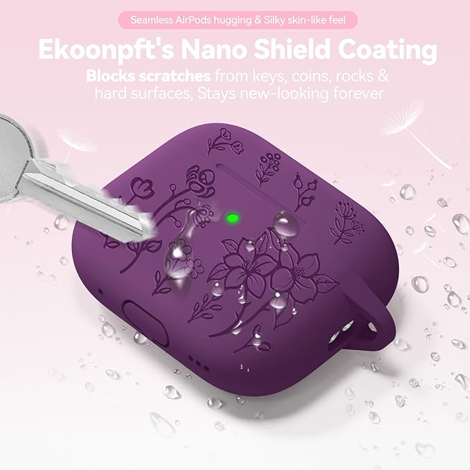 for Airpods Pro 3 Case, Flower Engraved Case Cover Compatible with AirPods Pro 3rd Generation 2025, Soft Silicone Cases with Cute Keychain & Cleaner for Women Girly, Shockproof