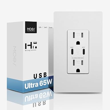 MOES 65W GaN USB-C Wall Outlet 15 Amp, PD Fast Charging, Matte White