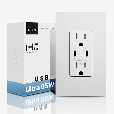 MOES 65W GaN USB-C Wall Outlet 15 Amp, PD Fast Charging, Matte White