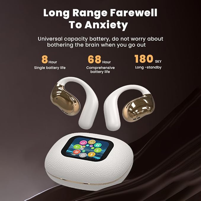 Open Ear Earbuds Ultra Comfort Wireless Bluetooth 5.4 Headphones Over The Ear Earbuds with Intelligent Touch Screen EarHooks IPX7 Waterproof Bone Conduction Earphones for Fitness Sports-OFF WHITE
