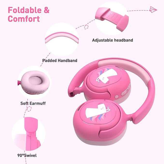 Kids Bluetooth Headphones, Wireless Kids Headphones with 75/85/94dB Volume Limited, Built-in Mic, Unicorn Over-Ear Foldable Childrens Girls Teens Headset for Pad/Tablet/School/Travel