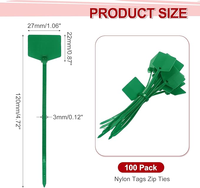 MECCANIXITY 100Pcs 4.7 Inch Waterproof Shipping Tags 0.12" Nylon Writable Hanging Tags Self Locking Labels Zip Tie Wraps for Indoor and Outdoor, Green