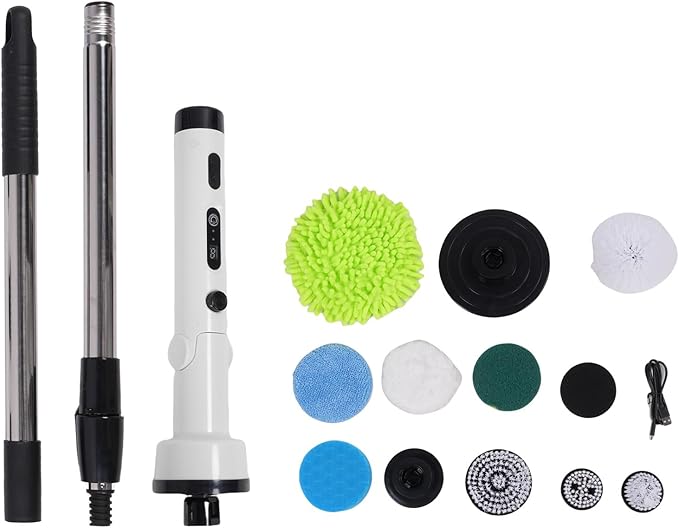 YUYTE Electric Spin Scrubber,Cordless Cleaning Brush with 9 Replaceable Heads,Adjustable Extension Handle, 90 Mins Long Lasting Power for Bathroom, Shower, Tub, Tile, Floor, Car (White)