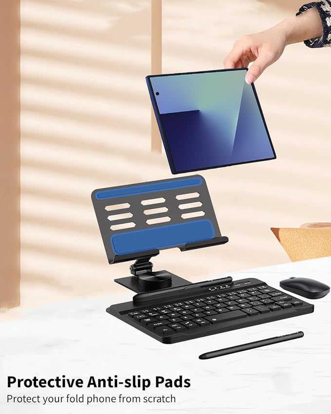 for Samsung Galaxy Z Fold 7 6 5 Trifold Stand and Keyboard, Aluminum Foldable Phone Stand Holder for Desk, 7.9 inch Mini Bluetooth Keyboard, 4 in 1 Portable Set Include Mouse and Pen