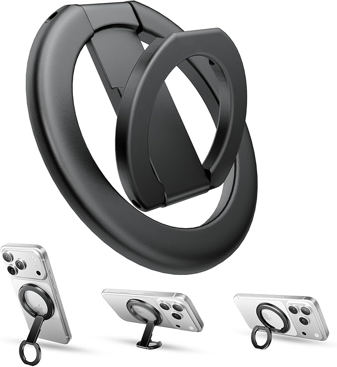 tounee Double-Sided Magnetic Phone Ring Holder Compatible with MagSafe, N52 Strong Magnet Grip & Foldable Kickstand for Gym Rack, Fridge, Fits iPhone 17 16 15 14 Pro Max - Black