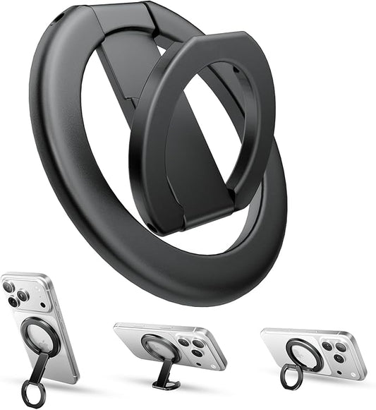 tounee Double-Sided Magnetic Phone Ring Holder Compatible with MagSafe, N52 Strong Magnet Grip & Foldable Kickstand for Gym Rack, Fridge, Fits iPhone 17 16 15 14 Pro Max - Black