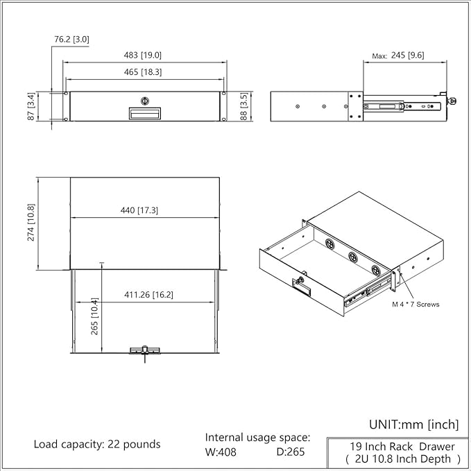 JINGCHENGMEI 2U Rack Drawer with Lock and Key, 19 Inch Rack Mount Server Cabinet Case, Sliding and Lockable Server Rack Drawer with Cable Management Holes, 10.8 inch Deep (2U10in)