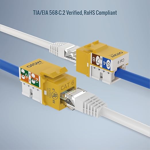 Tecmojo UL Listed 1000 Mbps Cat6 Keystone Jack Insert 25 -Pack, 90 Degree Punch Down RJ45 Keystone Jack Adapter Slim Profile for Patch Panel & Wall Plate, Yellow