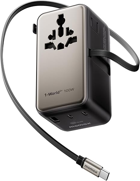 MOMAX 100W Universal Travel Adapter All-in-1 Plug Adapter with USB-C Cable