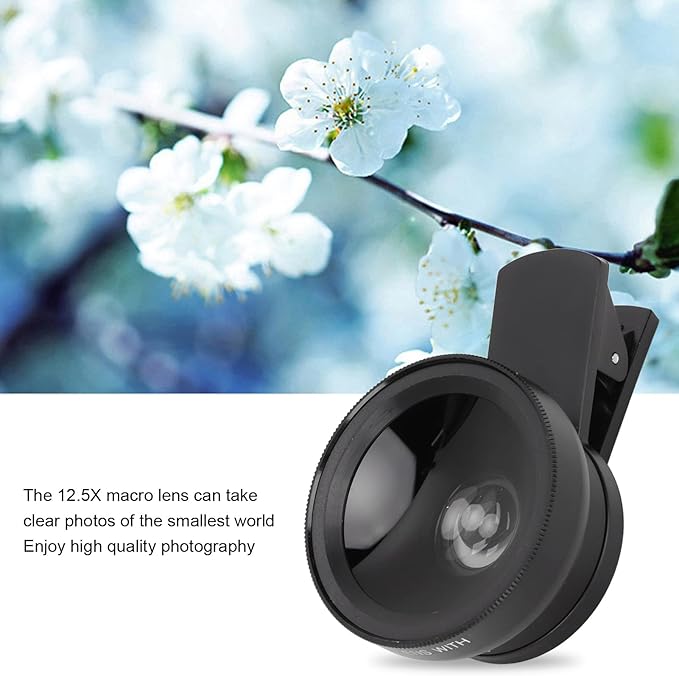 Phone Camera Lens Kit, 2 in 1 with 0.45X Ultra Wide Angle and 12.5X Macro Lens, HD Professional Universal Clip, with Travel Case, for Most Smartphones and Tablets, Black