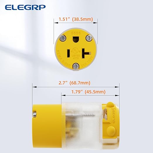 ELEGRP Lighted 20 Amp 125 Volt NEMA 5-20R 2 Pole 3 Wire Grounding Straight Blade Electrical Plug Replacement Cord Outlet Commercial Grade, Yellow, 5 Pack
