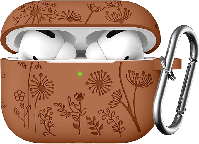 Lerobo Compatible with Apple Airpods Pro Case 2 Cute, Flower Engraved Full Protective for 2nd 1st Generation USB C, Funny Soft Silicone Skin Cover, Front LED Visible C-Brown