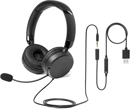 Amazon Basics On Ear Wired Computer Headset with Adjustable Microphone, 3.5mm Port or in-Line Control with USB-A Port, Foldable, Clear Sound, Small/Medium Size, Black