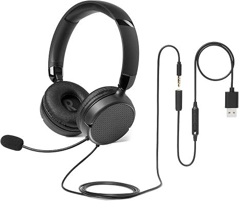 Amazon Basics On Ear Wired Computer Headset with Adjustable Microphone, 3.5mm Port or in-Line Control with USB-A Port, Foldable, Clear Sound, Small/Medium Size, Black