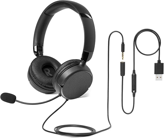 Amazon Basics On Ear Wired Computer Headset with Adjustable Microphone, 3.5mm Port or in-Line Control with USB-A Port, Foldable, Clear Sound, Small/Medium Size, Black