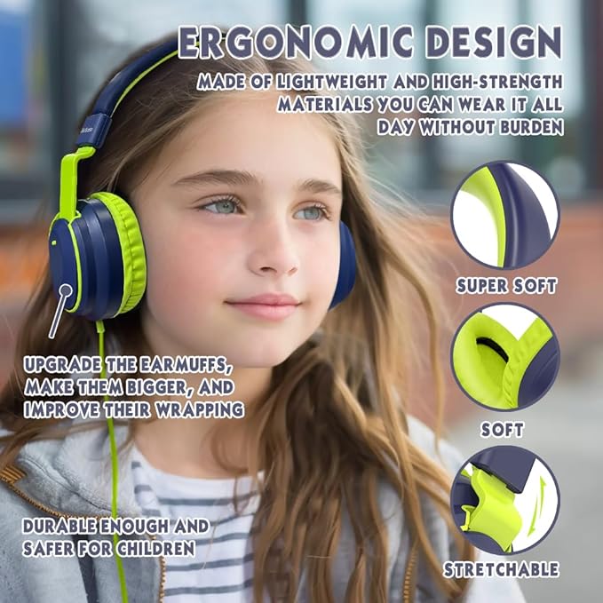 Headphone Kids Volume Limited 85/94dB Wired Over-Ear/On-Earr Foldable Headset with Inline Cable Aux 3.5mm Cord Mic for Toddler Child Back to School Pad Tablet Mexico Deepblue