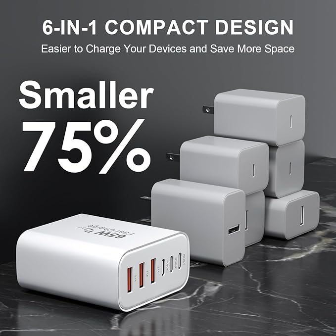 USB C Wall Charger Block, 65W GaN 6-Port Fast Charging Block,PD USB C Plug Adapter+QC Plug Compatible with iPhone iPhone 17/17 Plus/17 Pro Max/16/16 Plus/16 Pro Max/15 Pro Max/iPad Pro/14/13/12/11/SE