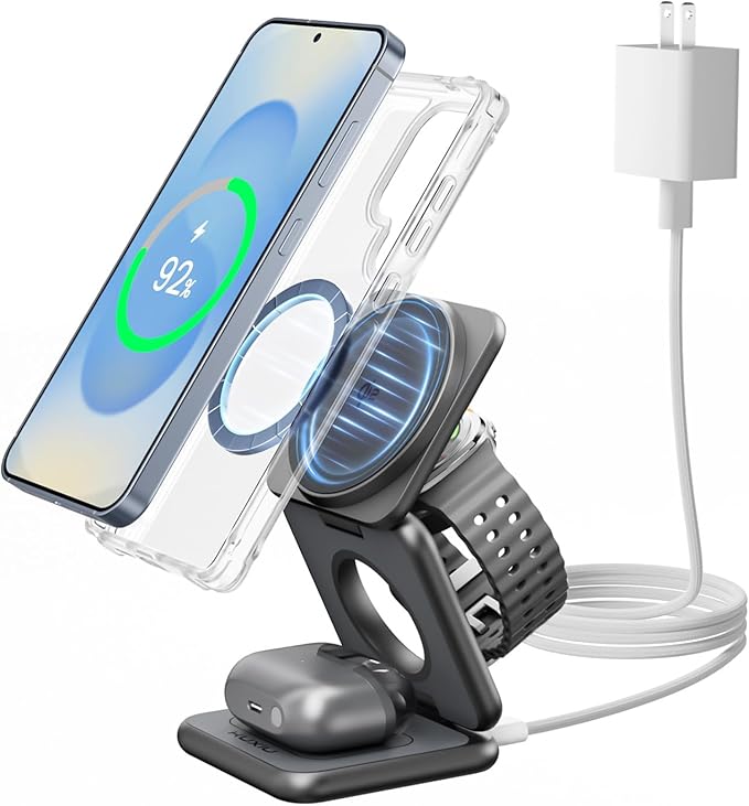 KU XIU Qi2 Certified 3 in 1 Charging Station for Samsung, Aluminum Alloy Foldable 15W Wireless Charger for Galaxy S26 S25 Series Z Flod 7, Fast Charger for Galaxy Watch Ultra, for Galaxy Buds