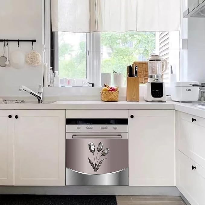 Dishwasher Metal Texture Cover Magnetic Decor, Metallic Flowers,Polished Dishwasher Magnet Cover 23x17inch, Home Panel Decal Pink Stainless Steel Style Sticker
