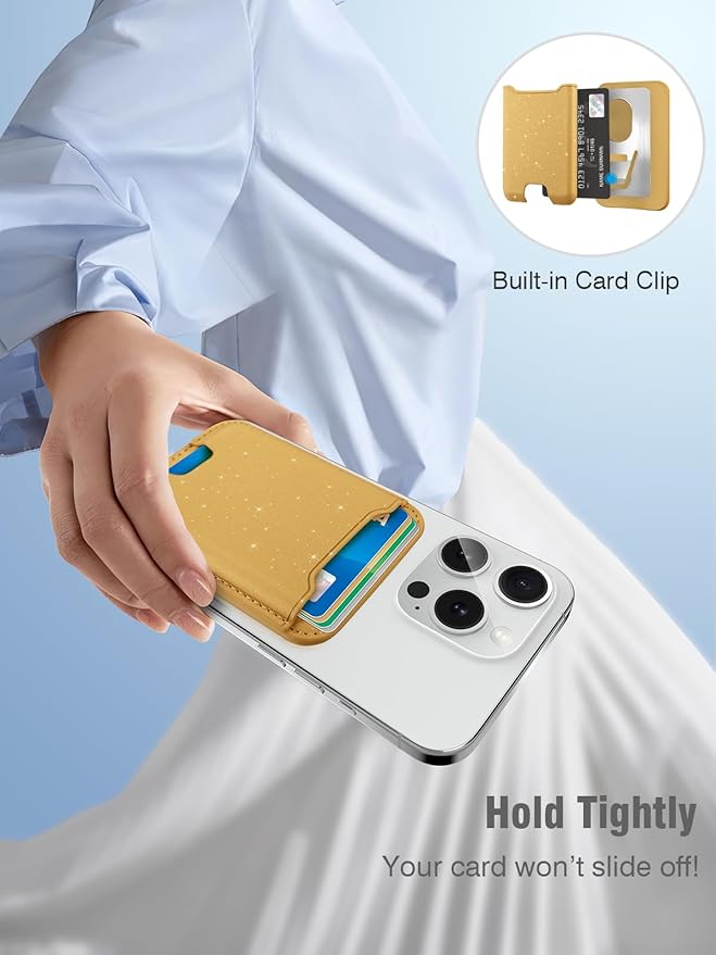TopMade for Magsafe Wallet, Sparkle Magnetic Card Holder for iPhone 17, 16, 15, 14, 13, 12 Series, Leather RFID Blocking, Fit 4 Cards, Glitter Yellow