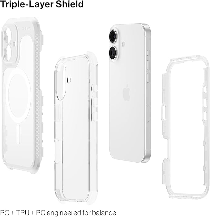 ORIbox Seralyn Series for iPhone 16 Case - MagSafe Compatible, Triple-Layer Shockproof Protection, Crystal-Clear Back with Elegant Matte Frame(6.1", Lucent Clarity)