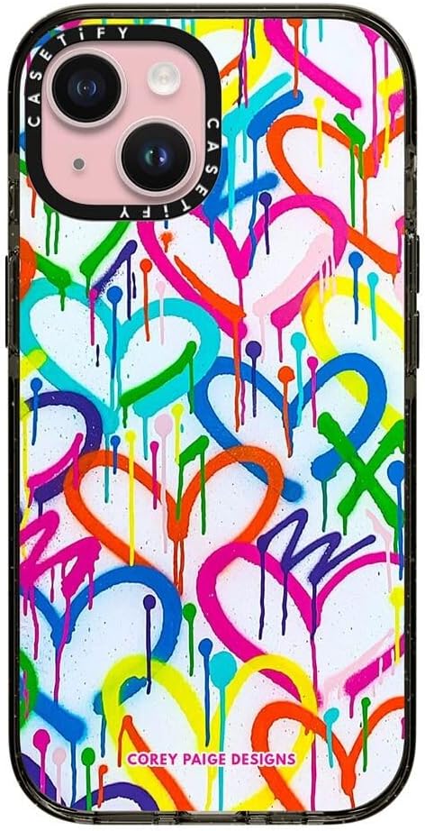 CASETiFY Impact Case for iPhone 15 [4X Military Grade Drop Tested / 8.2ft Drop Protection] - Art Prints - Rainbow Graffiti Hearts - Clear Black
