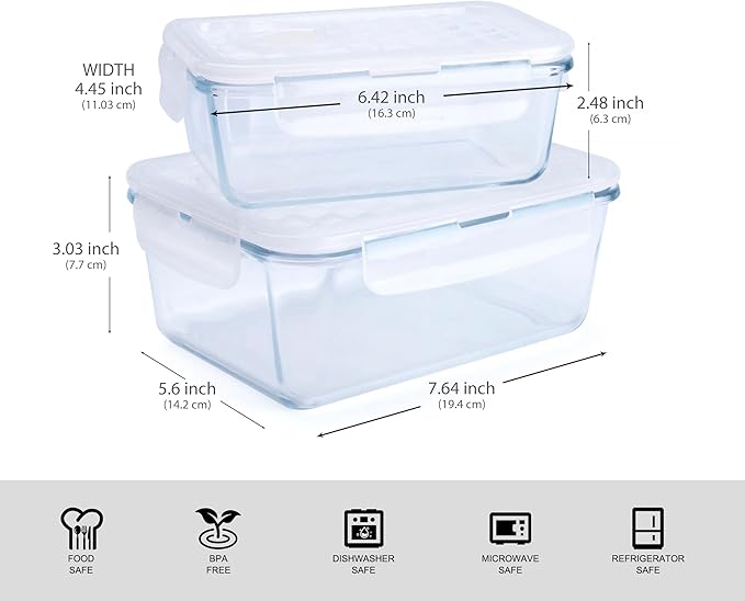 Borosilicate Tempered Glass Food Storage Containers with Lids, [5 Pack] Airtight Lunch Containers. Microwave, Oven, Freezer and Dishwasher Safe.