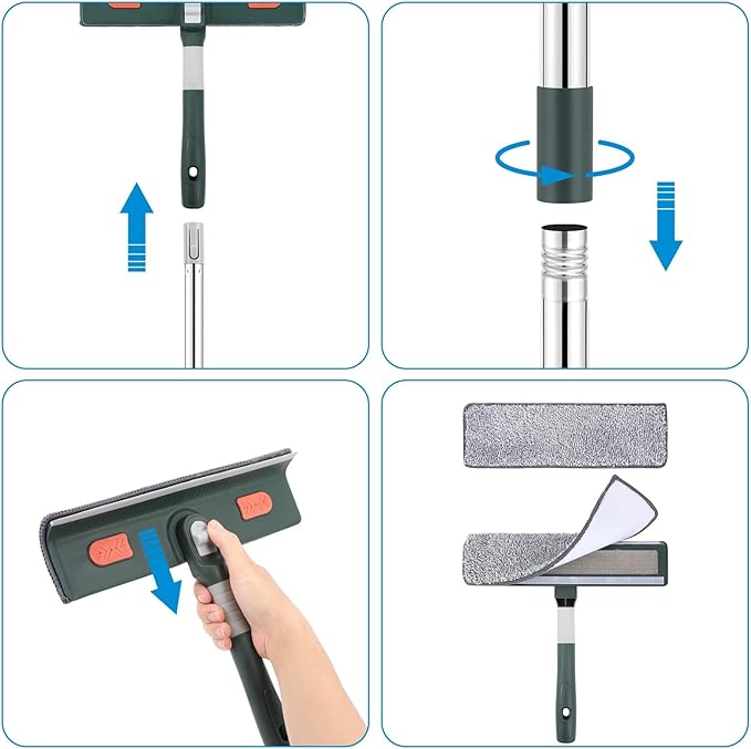 Window Squeegee with Scrubber, with Extendable 4 Section Stainless Steel Pole and 4 Microfiber Pads, for Glass, Shower, Floor, Outdoor High Window Cleaning Etc.