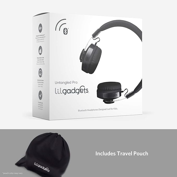 LilGadgets Untangled Pro On-Ear Kids Headphones - Black, Ages 4+, Volume-Limited - Bluetooth & Wired Earphones with SharePort, SoftTouch Padding, 3.5mm Cord, Built-in Mic, 12H Battery
