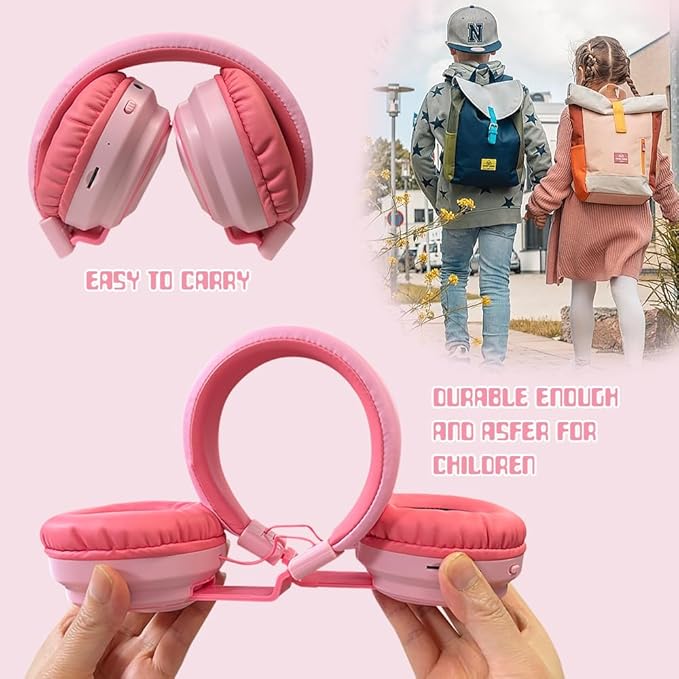 Kids Headphones Bluetooth 5.3 Wireless Lightweight Fast Charging 68 Hours Play Time Volume Limited 85/94dB Over Ear Foldable with Built-in Mic for Toddler Boy Girl Tablet Pad Pink