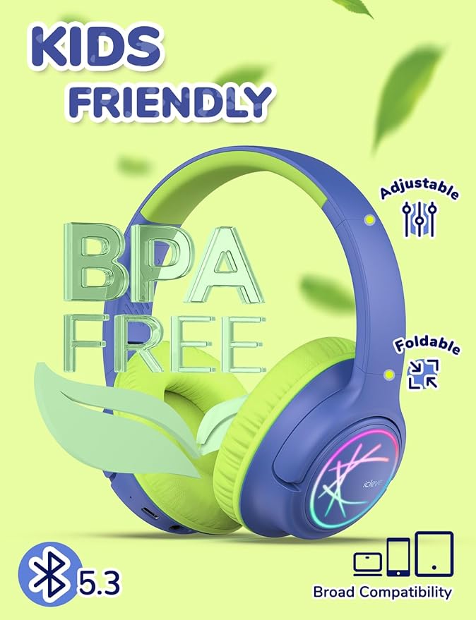 iClever Kids Bluetooth Headphones with LED Lights, BTH18 Safe Volume 74/85 dBA, 43H Playtime, Bluetooth5.3 Kids Headphones Wireless Aux Cord for iPad/Tablet/Travel/School, Green/Blue
