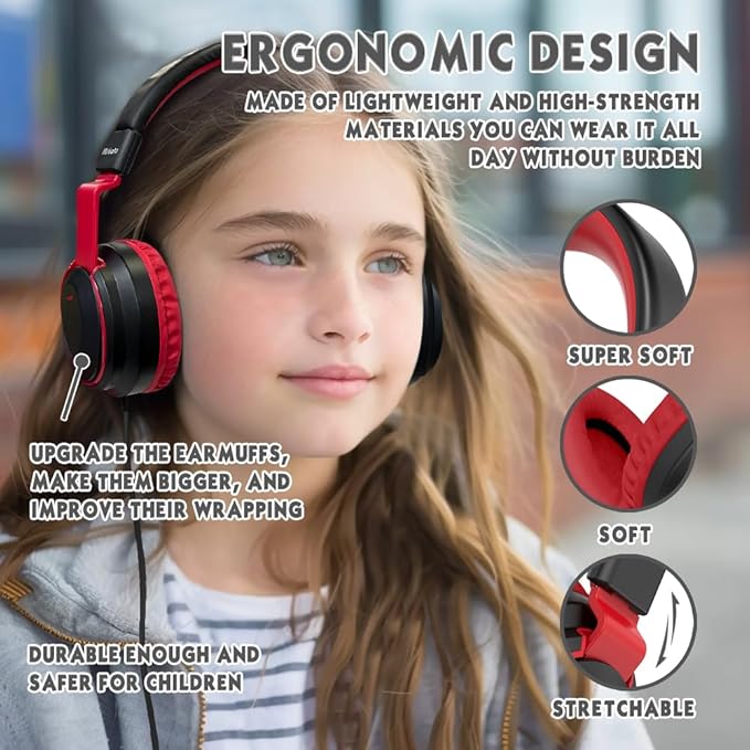 Headphone Kids Volume Limited 85/94dB Wired Over-Ear/On-Earr Foldable Headset with Inline Cable Aux 3.5mm Cord Mic for Toddler Boy Girl Child Back to School Study Pad Tablet Black