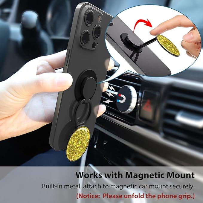 Phone Grip, Phone Ring Holder Finger Kickstand, Foldable & Adjustable Metal Cell Phone Rings Gripper Stand Work with Magnetic Car Mount for iPhone Samsung &Other Phones - Sparkle Yellow