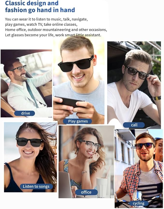 IVY AI Smart Glasses - Glesses Lens Kits (Blue Light Blocking & Sunglasses & Pink & Blue) for Office Outdoor Sports Drive - Smart Bluetooth Audio Glasses for Men & Women - Black Frame