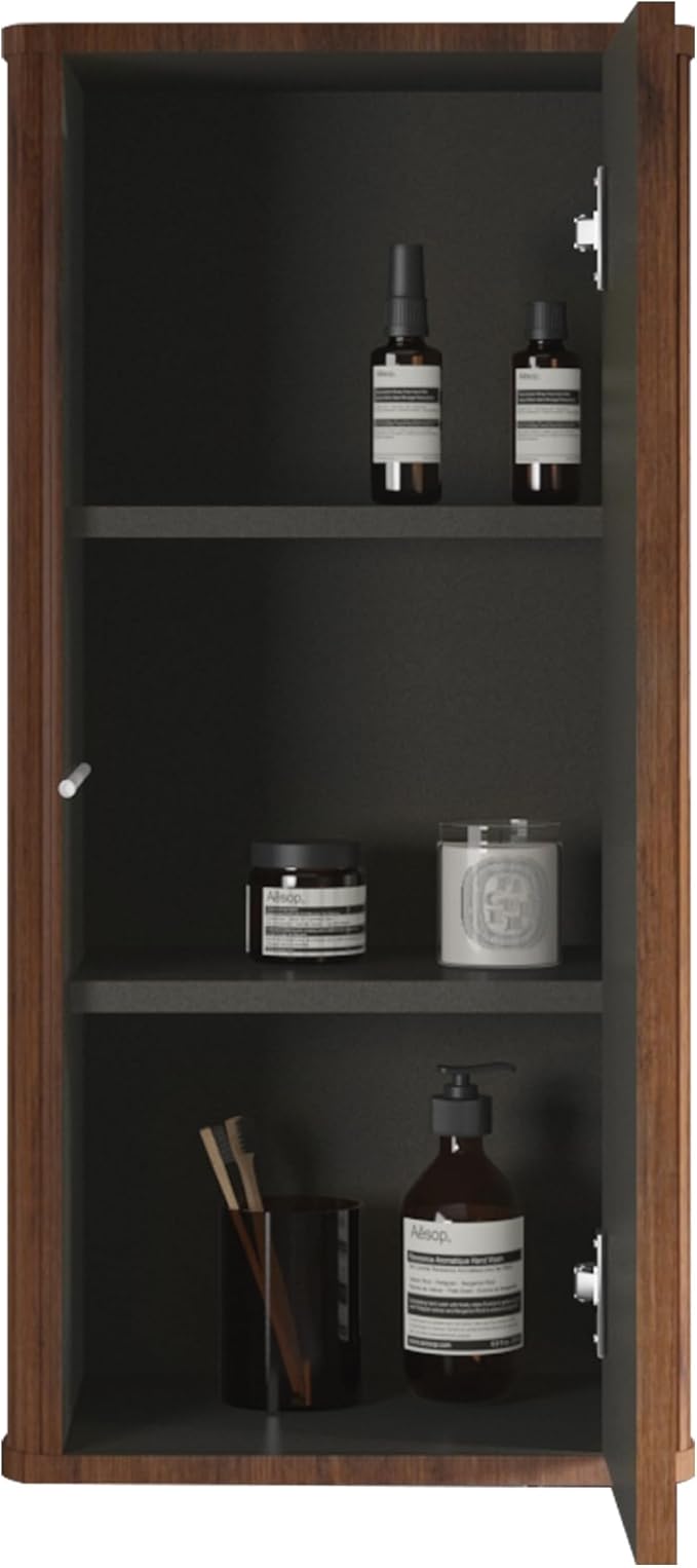 Striped Walnut Floating Bathroom Side Cabinet Wall-Mounted Storage for Small Spaces Pre-Assembled with Safe Curvy Design Push-Open Door (B.Walnut, Side Cabinet)