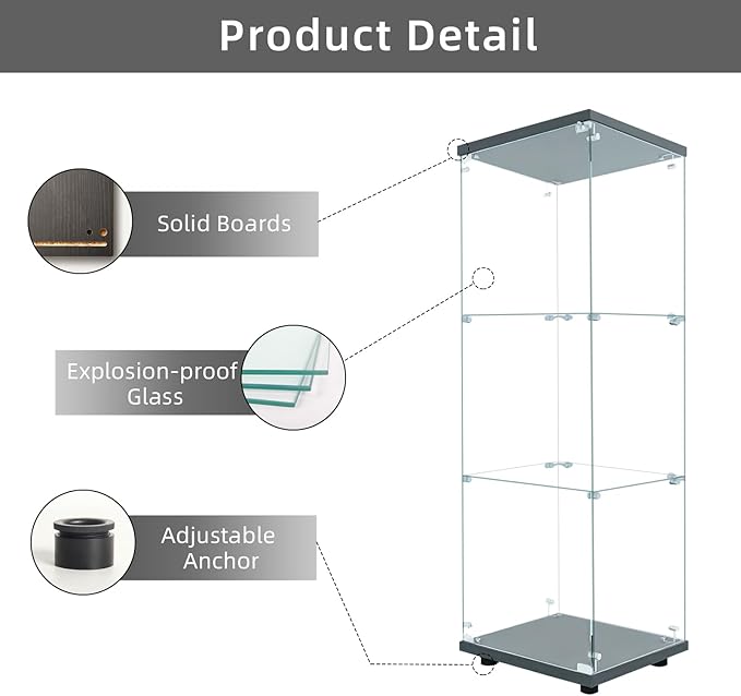LFT HUIMEI2Y Glass Display Cabinet 3-Shelf with Door and Lock, Curio Cabinets Upgraded Quick-Install Style Tempered Glass Floor Standing Bookshelf for Bedroom, Living Room 49”x 17”x 14” Black