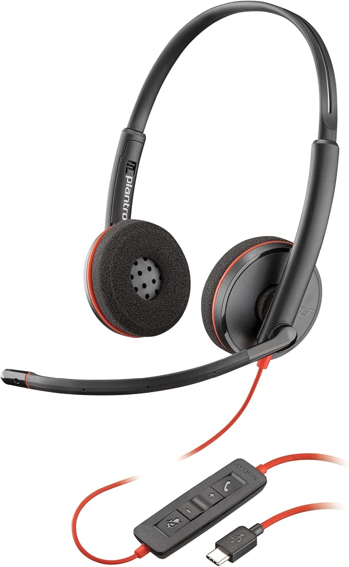 Poly Blackwire 3220 Wired Headset with Mic, Hi-Fi Stereo Sound, Noise-Canceling Mic, Stereo Design, Connect to PC via USB-C & USB-A Adapter, Over-Ear Design, Works with Virtual Meeting Platforms
